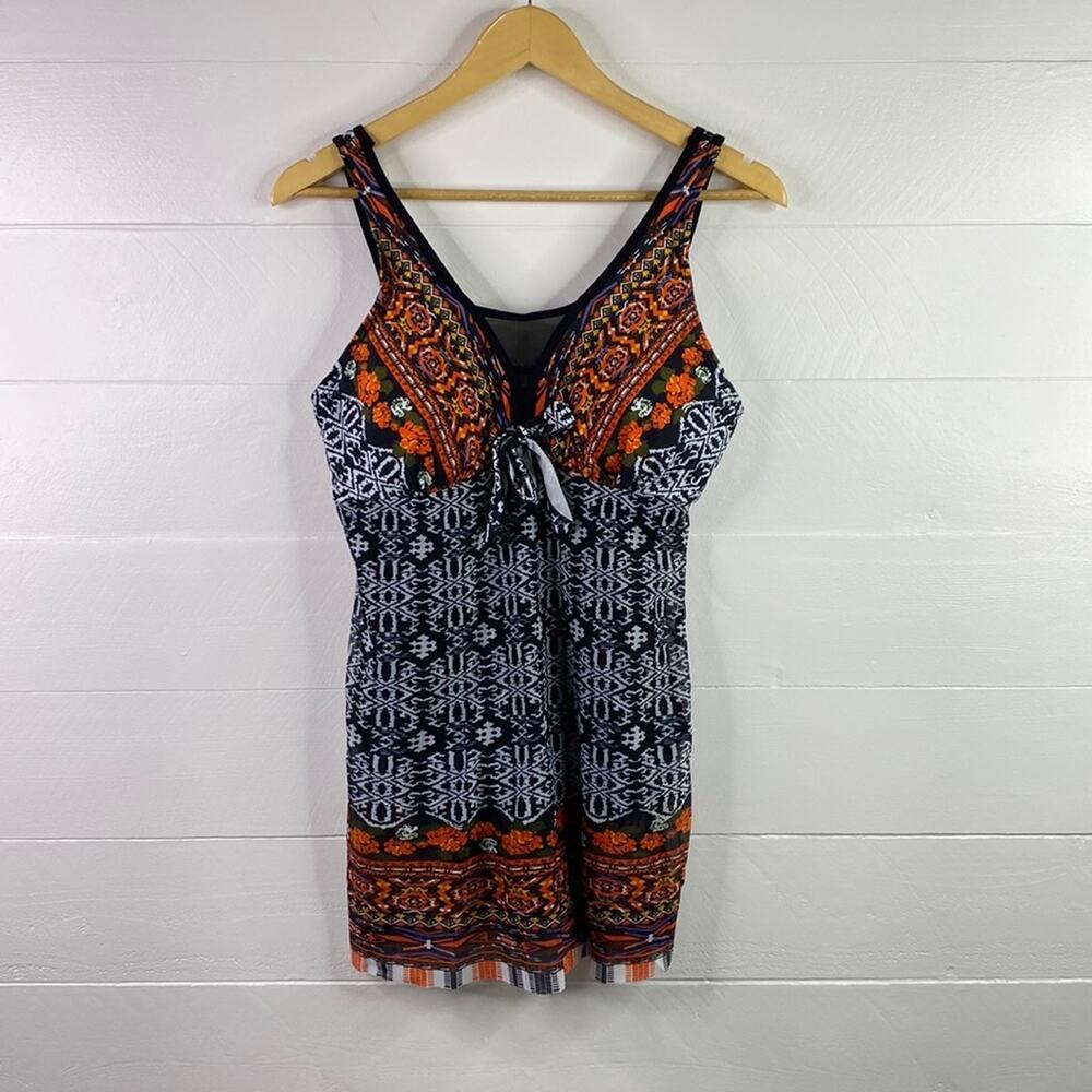 Orange‎ Black Floral Aztec Abstract One Piece Swimming Suit Size Large